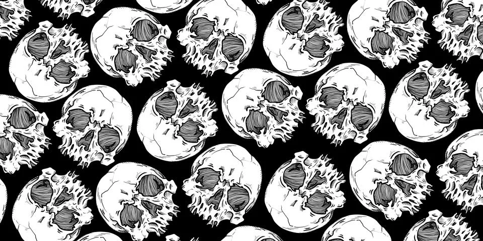 Skulls pattern on black background. Backdrop for halloween cover. Stock Illustration