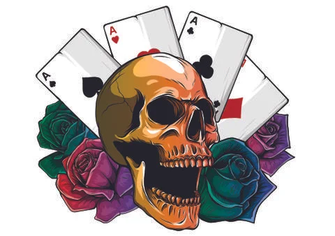 Skulls with playing cards. Set of vector illustrations. Stock Illustration