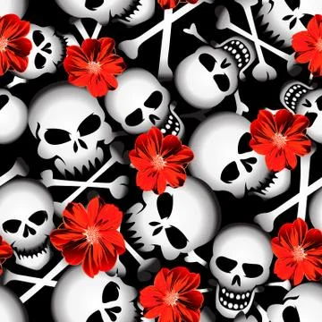 Skulls with red flowers seamless pattern Stock Illustration