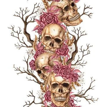Skulls roses and branches pattern vertical watercolor Illustrazione stock