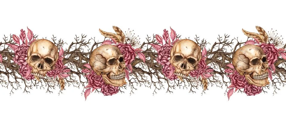 Skulls roses and branches pattern horizontal watercolor Illustrazione stock