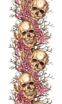 Skulls roses and driftwood pattern vertical watercolor Stock Illustration