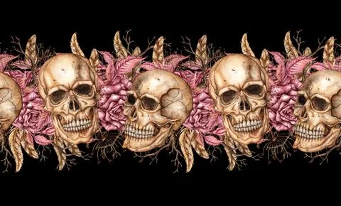 Skulls roses branches pattern horizontal on black background watercolor Stock Illustration