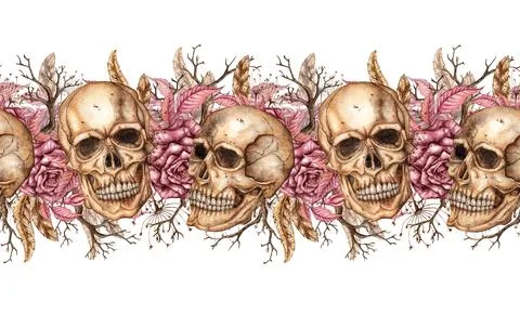 Skulls roses branches pattern horizontal watercolor Stock Illustration