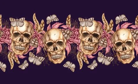 Skulls roses butterflies pattern horizontal on blue background watercolor Stock Illustration