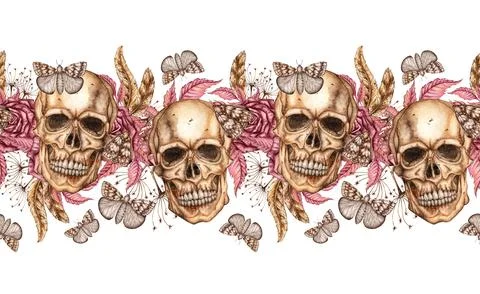 Skulls roses butterflies pattern horizontal watercolor Stock Illustration