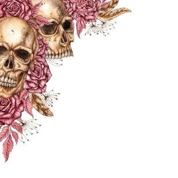 Skulls roses dry branches frame corner square watercolor Stock Illustration