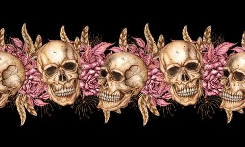 Skulls roses feathers pattern horizontal on black background watercolor Stock Illustration