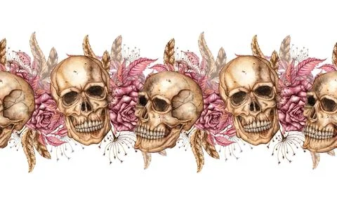 Skulls roses feathers pattern horizontal watercolor Illustrazione stock