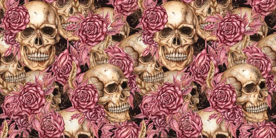 Skulls Roses Feathers Solid Pattern Watercolor Stock Illustration