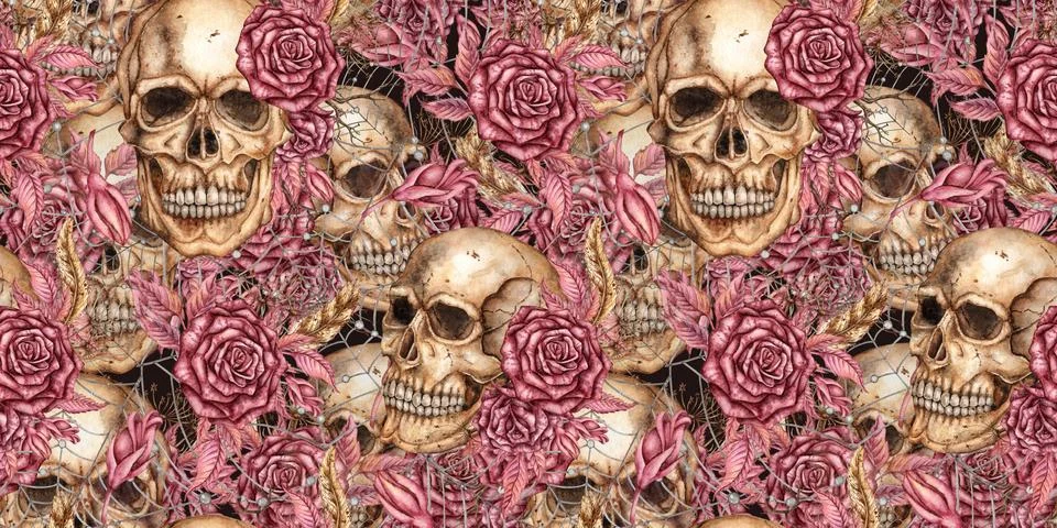Skulls Roses Feathers Web Solid Pattern Watercolor 스톡 일러스트