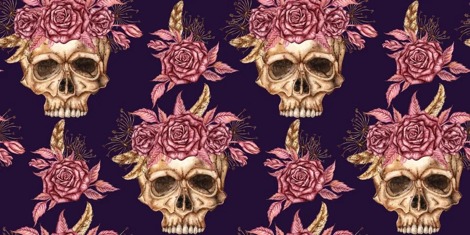 Skulls roses pattern on blue background watercolor Stock Illustration