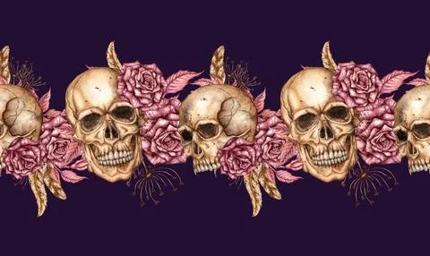 Skulls roses pattern horizontal on blue background watercolor Stock Illustration