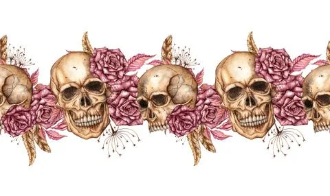 Skulls roses pattern horizontal watercolor Illustrazione stock