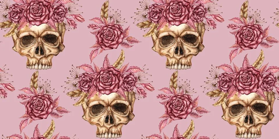 Skulls roses pattern on pink background watercolor Stock Illustration
