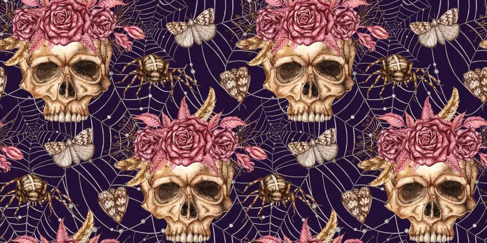 Skulls roses web pattern on blue background watercolor Illustrazione stock