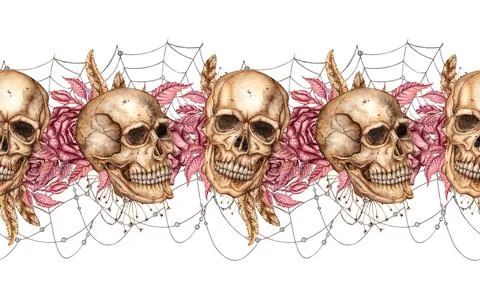 Skulls roses web pattern horizontal watercolor Stock Illustration