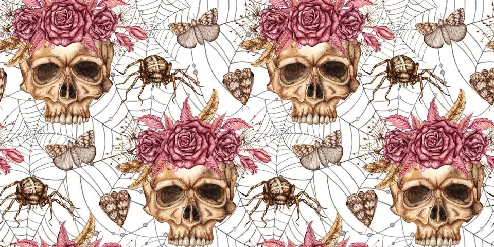 Skulls roses web pattern watercolor Stock Illustration