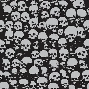 Skulls Seamless Pattern Grey on Black Gothic Halloween Texture Stock-Illustration