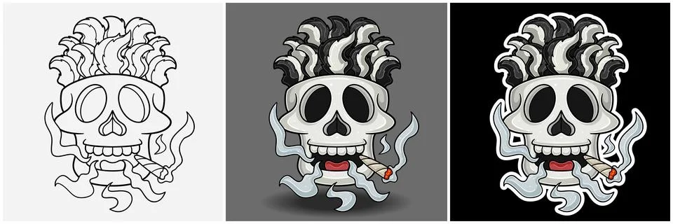 Skunk Tail Inside Skull Head With Smoking Character Cartoon. Black White, C.. Stock Illustration