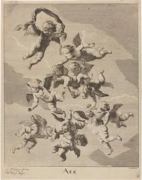 Sky; AÃ«r; The four elements. Flying putti in the air. Print from a series. 写真素材