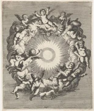 Sky; AÃ«r; The four elements. A light wreath surrounded by floating putti.. Stock Photos