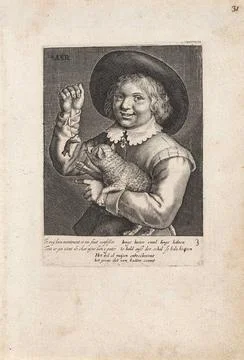 Sky; Aer; Four elements. A boy with a hat has a cat under one arm and hold... Foto stock