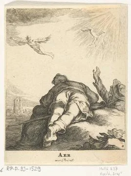 Sky; Aer; The four elements. Two men, one of which is on his stomach, look... Stock Photos