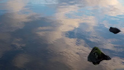 Sky and cloud reflections on rippling water with a couple of rocks Video stock 243277295