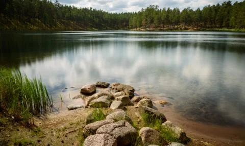 Sky and clouds reflecting in forest lake Stock Photos