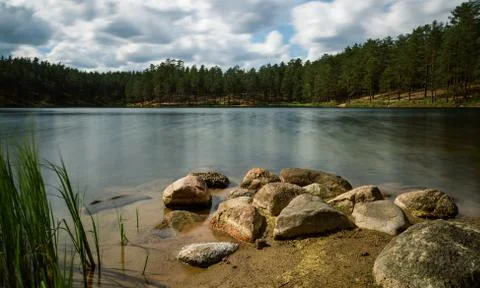 Sky and clouds reflecting in forest lake Stock Photos