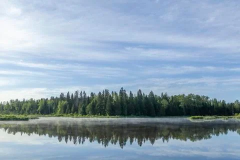 The sky and the forest are reflected in the river. Stock Photos