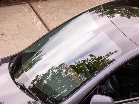 Sky and trees reflected in the windshield of a parked car. Stock Photos