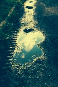 Sky and trees reflection in a puddle, vintage style Stock Photos