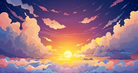 Sky anime sunset background, clouds and sunset sun Illustrazione stock