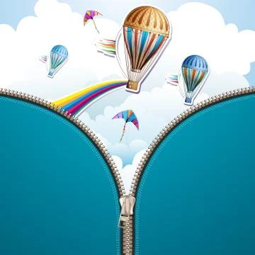 Sky background and hot air balloon with zipper Stock Illustration