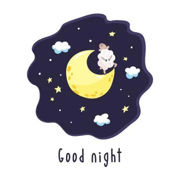 Sky background with cartoon lamb on the crescent. Vector illustration. Stock Illustration
