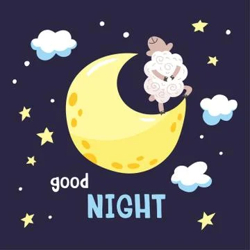 Sky background with cartoon lamb on the moon. Vector illustration with cute d Stock Illustration