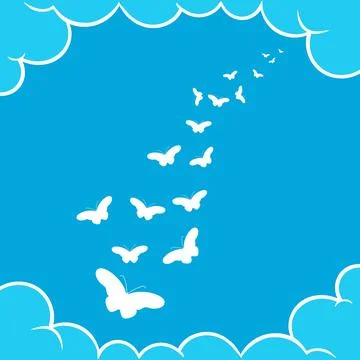 Sky background with clouds and flying butterflies. Vector illustration Stock Illustration