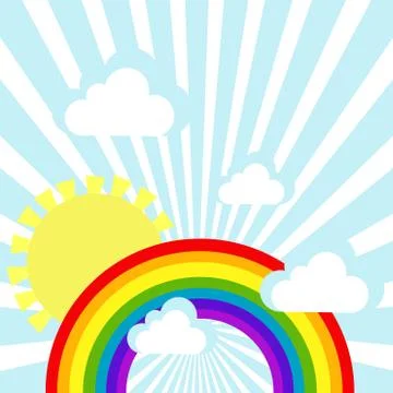 Sky background with clouds, sun and rainbow Stock Illustration