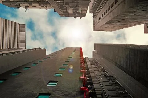 Sky between buildings. Low angle view from the ground on raising skyscrapers  Photos