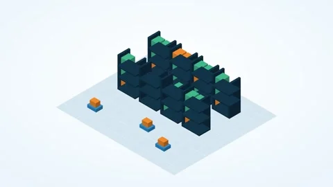 Sky blue and orange isometric automated warehouse animation, seamless loop Stock Footage 346257977