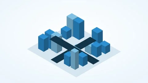 Sky blue and orange isometric smart city block animation, seamless loop Stock Footage 346258020