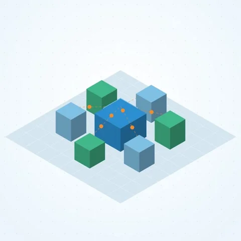Sky blue and orange isometric connected network looping animation, square 1:1 Stock Footage 346258054