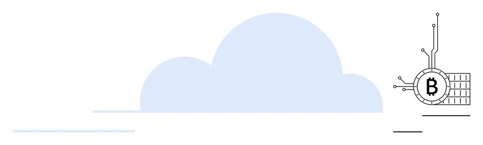 A sky blue cloud with a digital Bitcoin symbol connected to circuits in the b Stock Illustration