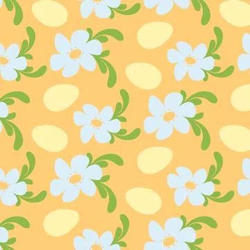 Sky Blue Flowers and Easter Eggs Colorful Seamless Pattern Easter Holiday Stock Illustration