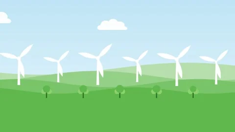 Sky blue green paper cut hills with wind turbines Eco Motion Background Stock Footage 346228470
