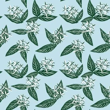 Sky Blue Tropical Botanical Leaf Seamless Pattern Background Stock Illustration