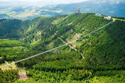 Sky Bridge 721 is the longest suspension bridge between two hills in the forest Stock Photos