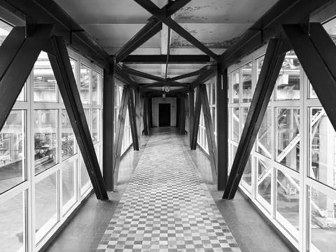 Sky bridge or transition between buildings at chemical plant above ground h.. Stock Photos